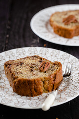 Homemade banana bread with chocolate chips and walnuts