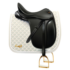 Black leather dressage saddle with white saddle pad isolated on white background - 408757403