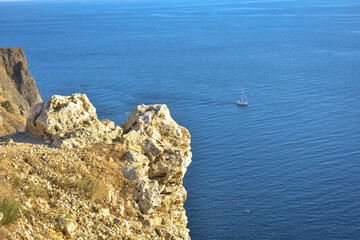 Cape Fiolent. Beautiful views of the Black Sea coast at Cape Fiolent in summer in clear weather. Aerial view to beautiful sea coast with turquoise water and rocks