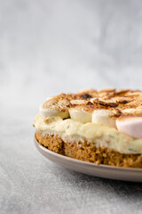 homemade key lime pie with cheesecake base and toasted marshmallow
