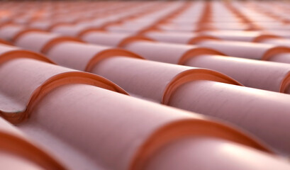 Orange clay tiles forming patterns on a brand new roof - close up - background