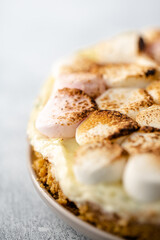 close up of key lime pie with toasted marshmallows