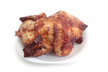 Fried chicken on a plate. Isolated object on white background 