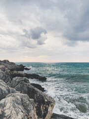 Fototapeta na wymiar Rocky coastline background, sea view