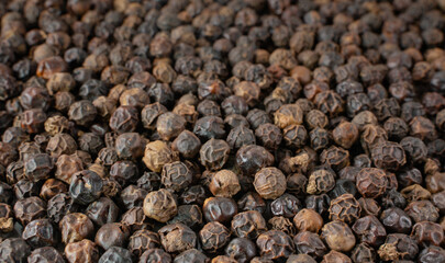 Black pepper grains as background close up.