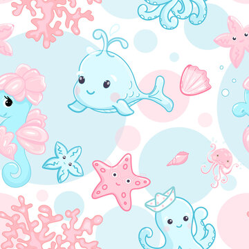 Cute sea life vector seamless pattern. Sweet blue and pink cartoon character colorful background for kids and baby decor
