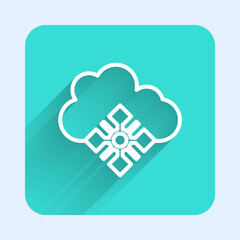White line Cloud with snow icon isolated with long shadow. Cloud with snowflakes. Single weather icon. Snowing sign. Green square button. Vector.