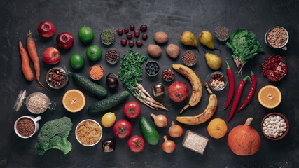 Set of useful vegetables, fruits, food, top view