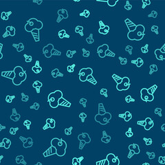 Green line Ice cream in waffle cone icon isolated seamless pattern on blue background. Sweet symbol. Vector.