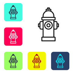 Black line Fire hydrant icon isolated on white background. Set icons in color square buttons. Vector.
