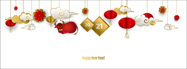 Happy Chinese New Year 2021 of ox. Banner with hanging red bull, clouds, lanterns, flowers on white background. For cover social network, cards, poster, invitation. Paper style. Vector illustration.