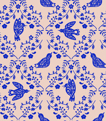 FLoral blue bird silhouettes seamless pattern. Vector scandinvian design