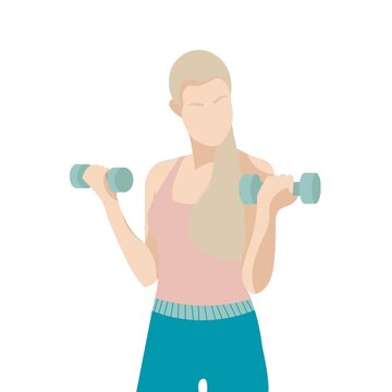 Vector illustration of a girl who is engaged in fitness. A blonde with long hair holds dumbbells in her hands. Sports figure. 