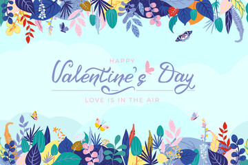 Fototapeta na wymiar Colorful floral composition with hand drawn lettering, leaves, colorful flowers, butterflies for Valentine's day. Horizontal stripe seamless pattern in bright spring colors. Vector illustration.