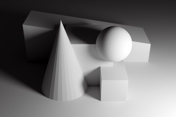 3d classic still life with black and white geometric shapes with shadow: parallelepiped, cube, cone, ball
