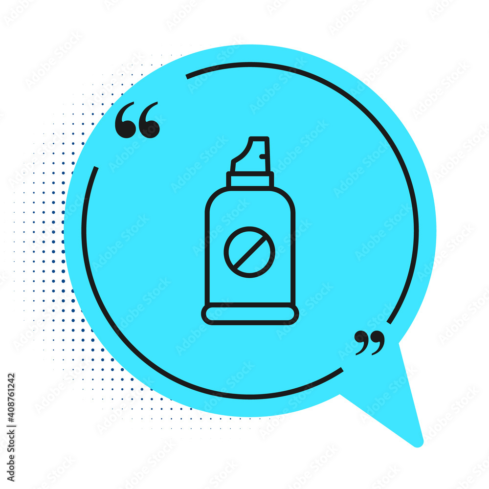 Poster Black line Spray against insects icon isolated on white background. Blue speech bubble symbol. Vector.