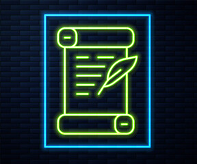 Glowing neon line Decree, paper, parchment, scroll icon icon isolated on brick wall background. Vector.