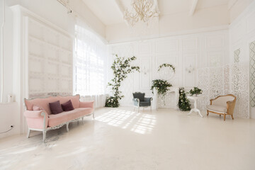 luxury delicate interior of the living room and bedroom in light colors with expensive chic carved furniture in classic style
