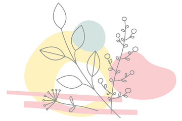 Abstract modern banner with shapes, branch of leaf and flower. Spring concept. Flat vector illustration isolated on white background.