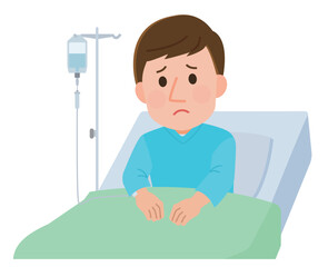 入院　点滴を受ける不安な男性入院患者　　イラスト