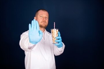 Doctor advises. Medical worker holds glass of sugar, healthy lifestyle concept.