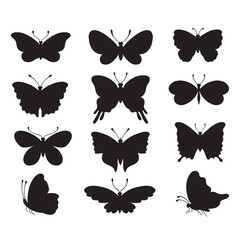 Set of silhouettes butterflies isolated on white background.
