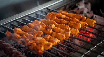 Arabic traditional food Shish taouk on the grill.