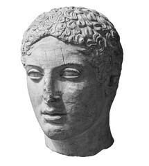 Antique head of the ancient man priest of Ancient Egyptian Isis with cracks sculpture. Face statue isolated on white background