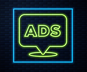 Fototapeta na wymiar Glowing neon line Advertising icon isolated on brick wall background. Concept of marketing and promotion process. Responsive ads. Social media advertising. Vector.