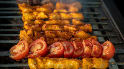 Arabic traditional food , tomato ,kufta, Shish taouk and lamb brochette on the grill. traditional food.