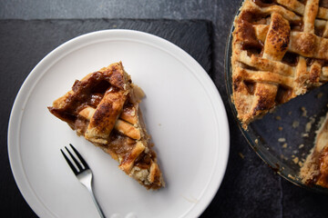 Slice of pear and caramel pie