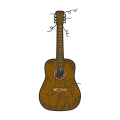 Naklejka premium Guitar with torn strings. Sketch color scratch board imitation. Engraving raster