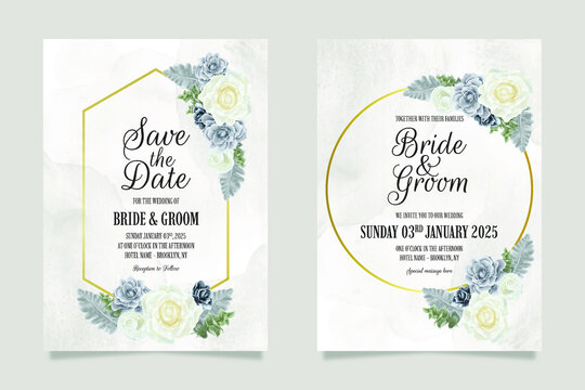 floral wedding invitation template set with dusty watercolor roses leaves decoration card design concept