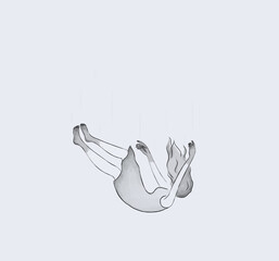 Falling girl with dress and long hair drawing on grey, empty background