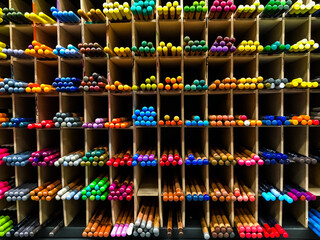 Assortment of colored pencils and markers in the store