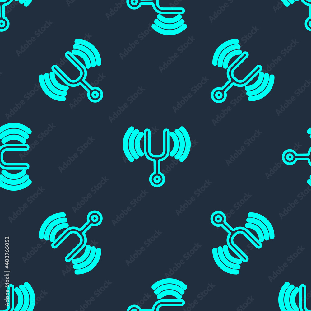 Poster green line musical tuning fork for tuning musical instruments icon isolated seamless pattern on blue