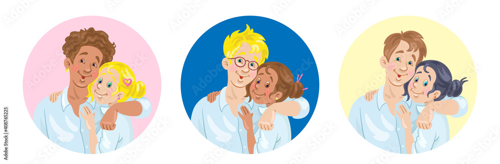 Canvas Prints Young happy couple avatars set. Three pairs of men and women of different nationalities are hugging. In cartoon style. Isolated on white background. Vector flat illustration