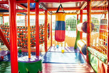 Playground with colorful mats and soft items for games