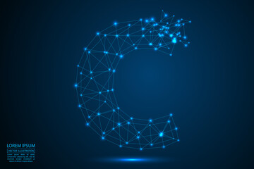 The destruction of the abstract font of English letters consists 3d of triangles, lines, dots and connections. On a dark blue background cosmic universe stars, meteorites, galaxies. Vector eps 10.