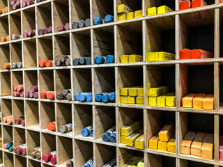 Assortment of colored pencils and markers in the store