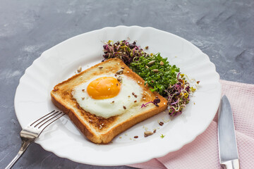 A sandwich with egg in the hole of the bread, microgreens, healthy food Breakfast, grey background