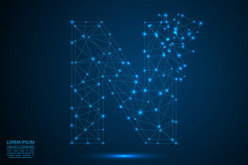 The destruction of the abstract font of English letters consists 3d of triangles, lines, dots and connections. On a dark blue background cosmic universe stars, meteorites, galaxies. Vector eps 10.