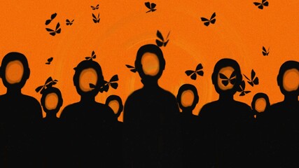 group of people silhouette with empty faces and butterflies around, abstract mystical illustration, depression, finding yourself, state of mind