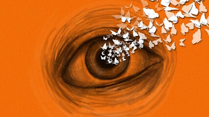 White butterflies flying from inside the eyeball of the human eye fantasy, dream, wish illustration on orange background