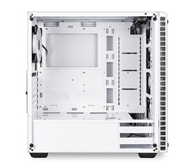 white open empty midi tower pc computer case side view isolated  background. gaming component...