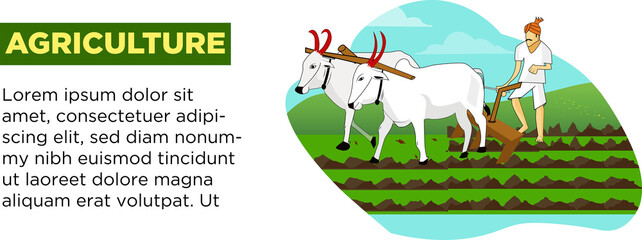 Poster with area for text showing farmer plouging field with cattle
