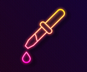 Glowing neon line Pipette icon isolated on black background. Element of medical, chemistry lab equipment. Pipette with drop. Medicine symbol. Vector.