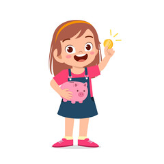 cute little kid girl carry piggy bank and golden coin