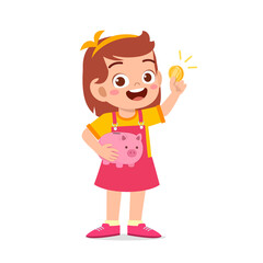 cute little kid girl carry piggy bank and golden coin