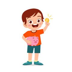 cute little kid boy carry piggy bank and golden coin